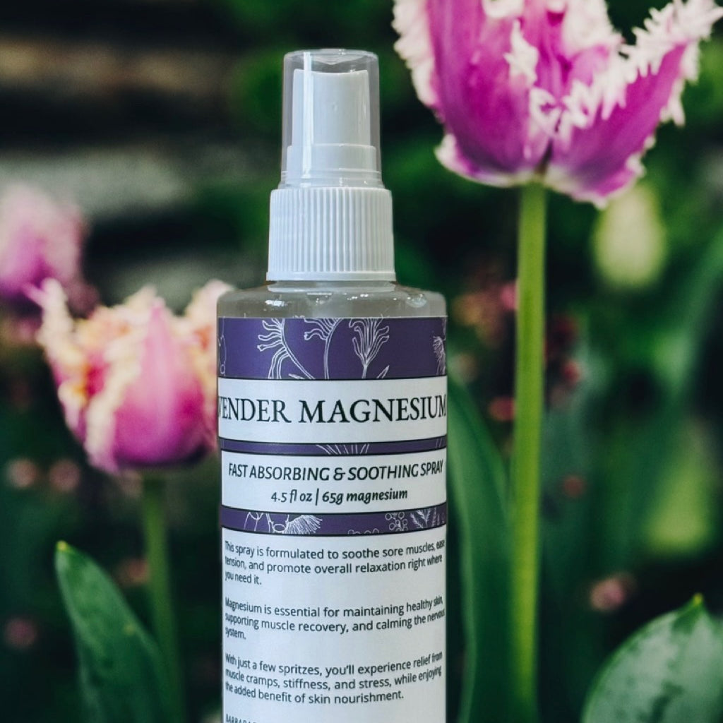 Bottle of 'Lavender Magnesium' spray with tulips in the background