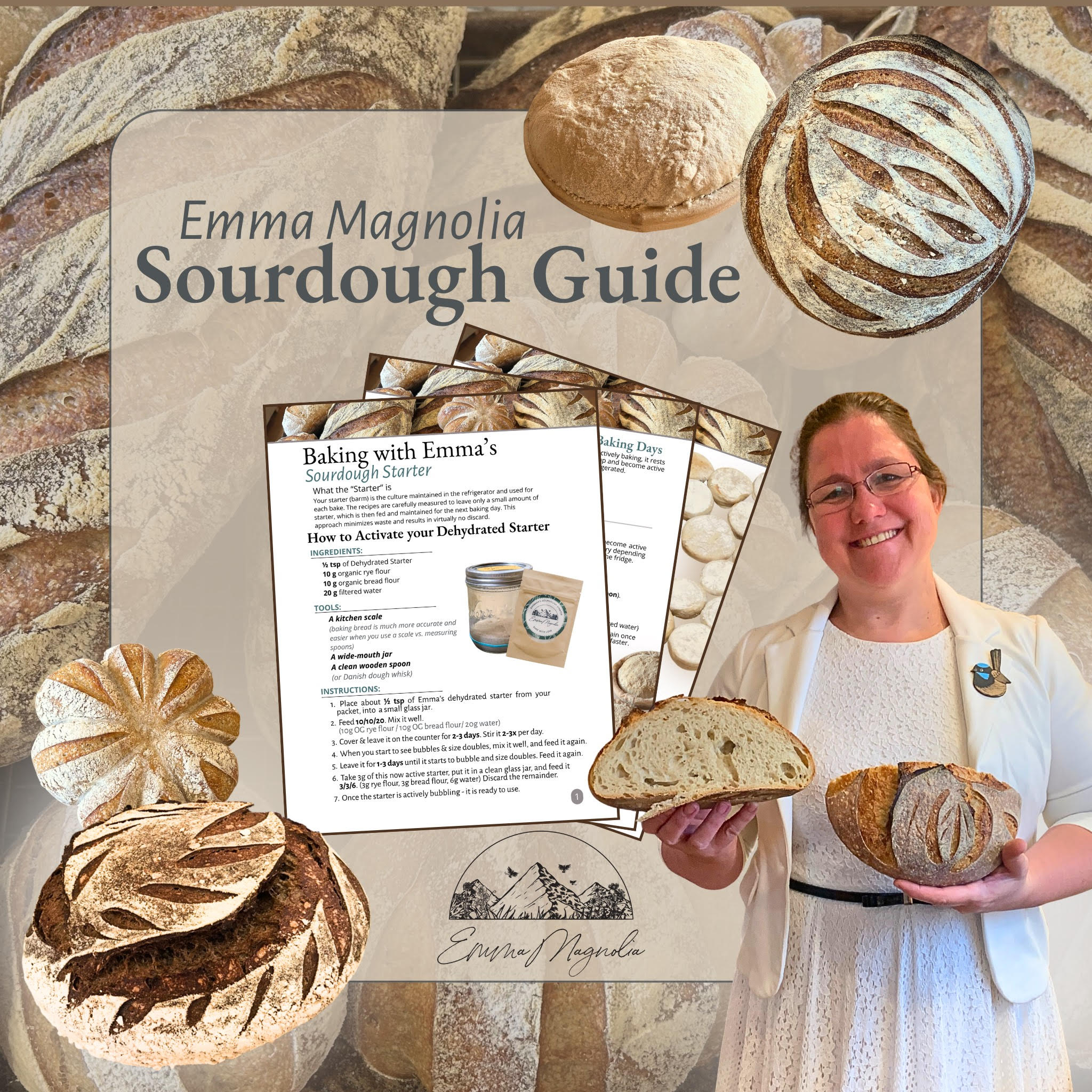Collage of bread-making items with a 'Emma Magnolia Sourdough Guide' and a woman holding bread.